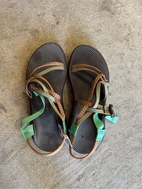 Chaco Women's Black Sandals with Green and Brown Straps